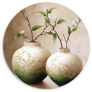 MuchoWow Wandbild Blumen - Vase - Weiß - Botanisch - Beige Wanddeko Schlafzimmer 60x60 cm , Ecru , Kunststoff , Rund , 60x60 cm , einfache und schnelle Anbringung , Bilder & Rahmen, Bilder, Sonstige Wandbilder