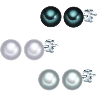 Valero Pearls Damen Perlenohrstecker 925 Sterling Silber 3er Set Ohrstecker | Silberohrstecker,Süßwasser-Zuchtperlen,Perlengröße 6-7mm,Button-Form,Pfauenblau,Graublau,Grau,3 Stück,Stecker,echte Perlen