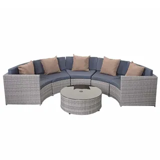 Mendler Poly-Rattan Garnitur rund HWC-E17, Garten-Set Sitzgruppe ~ grau, Polster dunkelgrau, Kissen beige