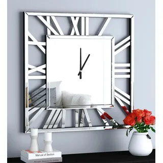 SHYFOY Verspiegelte Große Wanduhr Moderne XXL Uhr aus Glas Quadratisch römische Ziffern Grosse Wanduhr für Wohnzimmer Wand 80 x 80 cm