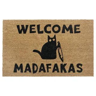 HANSE HOME Kokos Fußmatte für Innen - Schmutzfangmatte Natur, Kokosmatte Katze Welcome Madafakas, Fußabtreter Wetterfest und rutschfest für Flur, Terrasse, Eingangsbereich - 45x75cm