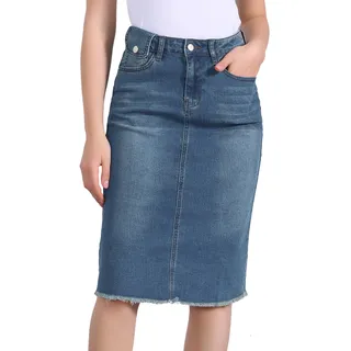 Allegra K Damen Casual Jeans Rock Hohe Taille Rücken Schlitz Stretch A-Linie Denim Röcke, Blau, Mittel