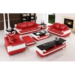 Sofagarnitur 3+2+1 Sitzer Set Design Sofas Polster Couchen Leder Relax Moderne - Rot, Weiß