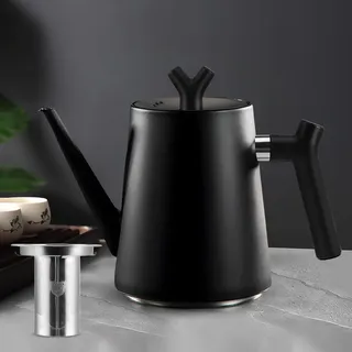 Teekanne mit Siebeinsatz 1,5 liter -Edelstahl Teekanne Doppelwandig Schwarz - Mit Filter für Tee & Kaffee - Tee Kanne 100% Tropffrei - Für alle Herdarten - Isolierkanne Tee Modern Design