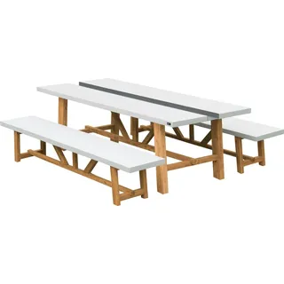 Axi Aaron Gartenset mit 2 Bänken in Weiß / Braun für 6 bis 8 Personen | Picknicktisch / Picknickbank im Kalkstein-Look mit Akazienholz | Esstisc... - Weiß