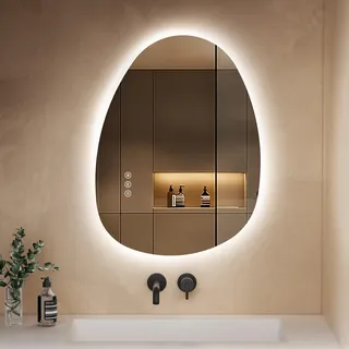 S'AFIELINA badspiegel asymmetrisch mit Beleuchtung 60x45, LED Badezimmerspiegel Dimmbar, Anti-Beschlag, 3 Lichtfarben, Organischer Wandspiegel für Bad Flur Gäste-WC, IP44, Memory, Horizontal/Vertikal