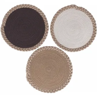 Villa d'Este Home Tivoli Set mit 3 Tischsets aus Polycotton, gewebter Rahmen aus Jute, Ø 38 x 1,5 cm, Shades of Chocolate