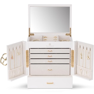 Vlando Schmuckkasten Groß, Französisches Schmuckkästchen 6 Ebenen, Schmuck Organizers Groß XXL mit Spiegel, Schubladen, Schmuckaufbewahrung Damen, Schmuckschatulle für Ohrring, Ketten, Uhren