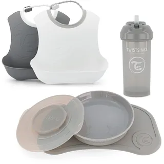 Twistshake Babygeschirr-Set - 5 Teilig | 1x Baby-Silikon-Tischset - 1x Kinderteller - 2x Lätzchen - 1x Strohhalmbecher | Baby-Fütterungsset | Geschirr für die Entwöhnung | 6+ Monate | Grau