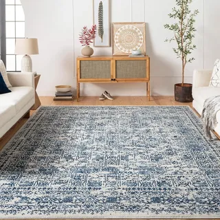 Livabliss Marrakech Vintage groß - Orientalischer Wohnzimmer 160x215 cm, Esszimmer, Schlafzimmer - Boho Kurzflor e für einfache Pflege - Natural Weiß und Blau