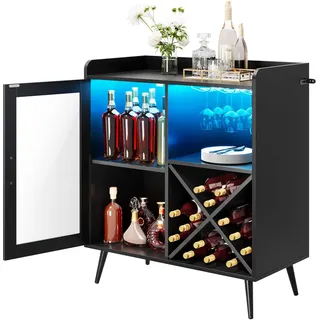 YITAHOME Kleiner Barschrank mit LED-Lichtern, Acryltür & Weinregal, Kaffeebar mit Getränkehaltern, Sideboard für Hausbar, Esszimmer, Wohnzimmer oder Küche, Schwarz
