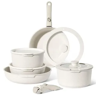 Just Perfecto Töpfe Pfannen 11-Teilig,Topfset Pfannenset mit abnehmbaren Griffen,Pfanne 20/26cm,Topf 18/20cm,Tiefe Bratpfanne 26cm,Antihaftversiegelung,Kochen stapelbar topf Induktion,Ofenfest (Biege)