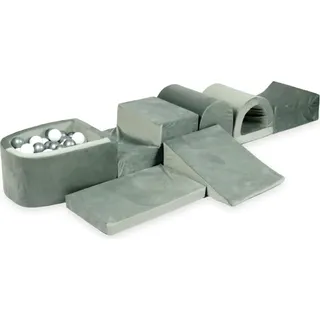 Der größte Schaumstoffspielplatz mit Pool Micro Velvet grau + 100 Bälle: weiß, silber