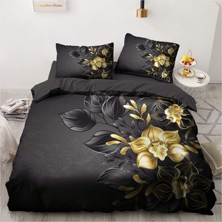 Luowei Blumen Bettwäsche 220x240cm Schwarz Gold Romantische Floral Bettbezug mit Reißverschluss Microfaser Deckenbezug und 2 Kissenbezüge 80 x 80 cm