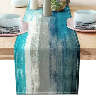 Tischläufer, Moderne Kunst, Bauernhaus, Leinen, Tischläufer, Kommode, Schals, Retro, rustikaler Stil für Party, Küche, Esstisch, Kaffee, Urlaub, Party-Dekoration (33 x 91,4 cm, Blaugrün)