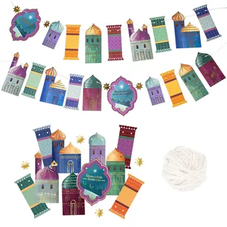 Papierdrachen 10m Girlande als Dekoration für Ramadan - Colourful goldfoliert - Deko zum Basteln für Jungen, Mädchen & Erwachsene - wunderschöne dekorative Gestaltung zu Ramadan - Set 01