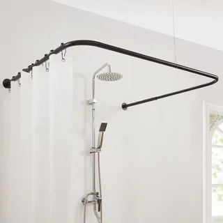 Mirooyu Duschvorhangstange U Form [Seiten: 60-132 cm, Mitte: 79-119 cm] Verstellbare Eckduschstange Duschstange für Badewanne, Dusche & Außenbereich mit 12 Haken & Deckenstütze