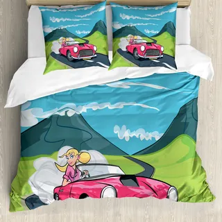 ABAKUHAUS Autos Bettbezug, Blonde Mädchen Drives auf Straße, Milbensicher Allergiker geeignet mit Kissenbezügen, 155 cm x 220 cm - 80 x 80 cm, Mehrfarbig