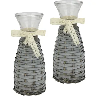 Glasvase mit Rattan und Spitze 2er Set 21cm Vintage Blumenvase Landhausstil Dekovase Rustikale Tischdeko Hochzeit Vase Schleife Einzelblumen Zylindervase Tischvase Deko Trockenblume Pampasgras, Grau