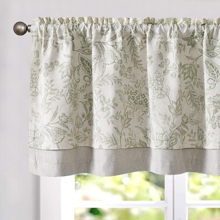 TOPICK Doppellagige Leinen Scheibengardine Geblümt Küche Vorhang Klein Fenstervorhang Blickdicht Floral Gardine Verdunklung Landhaus Stil Bistrogardine Rüschen für Bad 1 Schal 125x45cm Grün auf Beige