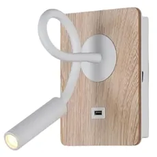 B·LED BARCELONA LED Wandleuchte aus Holz mit Schalter und Strahler, weiß, flexibel, warmweißes Licht, USB-Ladeanschluss zum Lesen, Bett, Nachttisch, Hotel