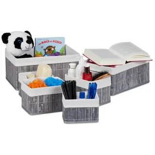 Relaxdays Aufbewahrungskorb 6er Set, mit Stoffbezug, Bambus, rechteckig, Bad, Accessoires, dekorativer Organizer, grau