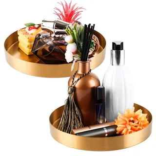 MUXHEL 2 Stück Deko Tablett Rund, 20cm tablett Gold, tablett serviertablett Dekoteller, Edelstahl platzteller Gold, Metall Dekotablett für Adventskranz Teller Dessert Kosmetik Schmuck Kerzen
