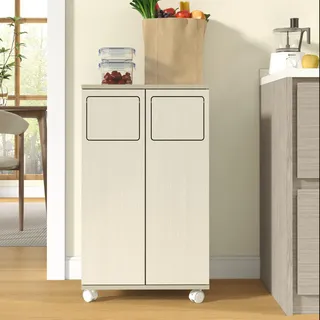 Mülltrennschrank 46,7 x 35 x 80 cm, 2-fach mit 2 Türen, 2 Müllfächern, Edelstahl-Müllsackhalter, 4 feststellbaren Rollen, 180°-Öffnung, Hellholz-Optik mit Weiß - Weiß