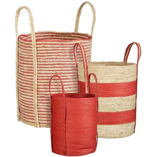 Mica Decorations Brooklyn Korb - Flechtkorb Set aus 3 - Pflanzenkorb - Korb Aufbewahrung 42x35cm - Papier, Maisblatt - Rot, Hellbraun