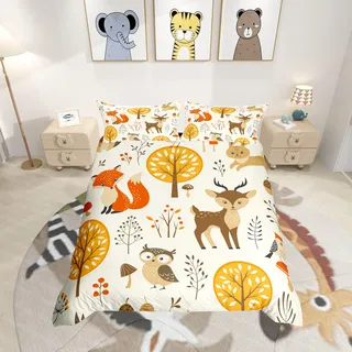 Homemissing Bettwäsche-Set, Hirsch, 140 x 200 cm, bedruckt, Fuchs, für Kinder, Waldtiere, Eulen, Kaninchen, für Mädchen und Jungen