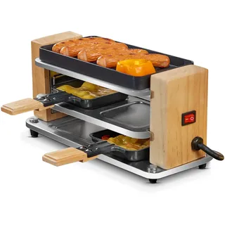 COKLAI Raclette Grill 2 Personen mit Antihaft beschichteter gestreifter Grillplatte, Mini Grill Raclette mit 2 Pfannen und Holzspatel, Naturholz Raclette 300 Watt