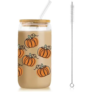 Calkkrer Herbst Halloween 480ML Iced Coffee Cup Mit Deckel Und Strohhalm, Tumbler Glas Mit Kürbis Motiv, Aesthetic Trinkglas, Geschenk Für Thanksgiving