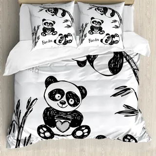 ABAKUHAUS Panda Bettbezug, Hand gezeichnet Panda Poses, Milbensicher Allergiker geeignet mit Kissenbezügen, 200 cm x 200 cm - 80 x 80 cm, Schwarz-Weiss