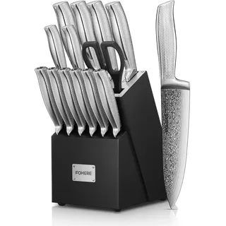 Messerblock Set, FOHERE 14-teilig Selbstschärfender Messerblock, Scharfes Messerset mit Holzblock, Ergonomischer, Rutschfester Griff aus Edelstahl, Profi Küchenmesser Set, Ideal als Geschenk
