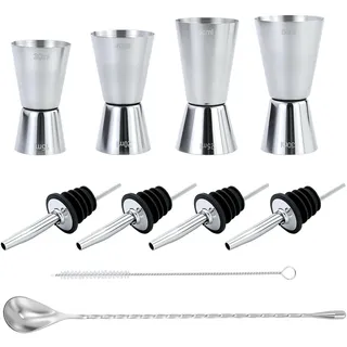 4 Stück Cocktail Messbecher, Edelstahl Barmaß 3cl/4cl/5cl/6cl, Dual Gin Messbecher mit 4 Flaschenausgießern, 1 Rühroffel & 1 Pinseln, Doppelmaß Bar Messbecher Cup Set für Bar Party Wein Drink Shaker