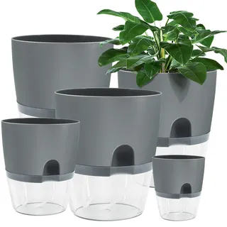 Muzhira Blumentopf Plastik, 5 stücke 15.3cm/10.5cm/8.2cm Kräutertopf mit Selbstbewässerung und Wasserspeicher, Moderne Pflanztopf für Zimmerpflanzen, Blumen und Kräuter - Grau