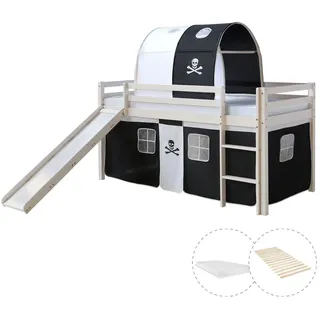 Homestyle4u Hochbett mit Vorhang 90 x 200 cm Kiefer massiv lackiert Weiß/Pirat