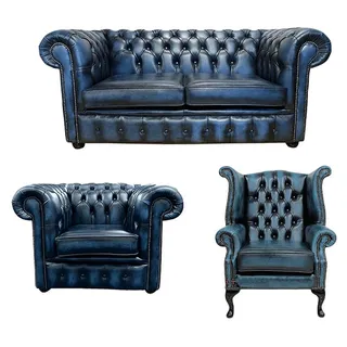 Chesterfield Couch Sofas Leder Sofa Couch Garnitur 2+ 1Sitzer + Ohrensessel 468 - Blau