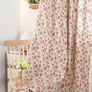 Moslovstar 1 Paar Leinenvorhänge mit Blumenmuster, rustikaler Landhausstil, lichtdurchlässige Fenstervorhänge mit Taschen, Beige, Quasten, 132 x 214 cm, rote Rose auf Beige