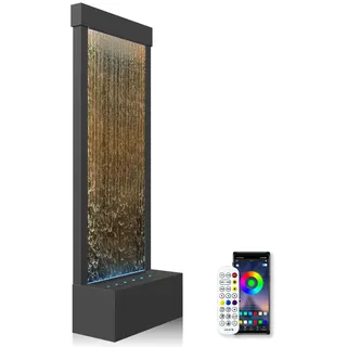 LONGRUN Gartenbrunnen Groß, Zimmerbrunnen Wasserfall mit RGB LED Beleuchtung, 45,5x20x123cm Edelstahl Moderne Zierbrunnen Wasserfall mit Pumpe, Schwarz mit Bronzespiegel