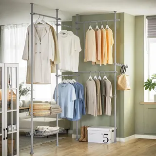 KLS04, Teleskop-Garderobensystem, 5 Kleiderstangen und 2 Körbe, verstellbar, hellgrau