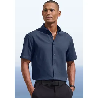 Kurzarmhemd H.I.S "Regular Fit", Herren, Gr. XXL (45/46), N-Gr, blau (dunkelblau), Web;Jacquard, Obermaterial: 100% Baumwolle, unifarben, regular fit normal, Rundhals, abgesteppte Kante, Hemden Kurzarmhemd, in hochwertiger Struktur Optik, Topseller