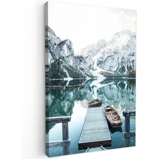 MuchoWow Leinwandbild Natur - Berge - Schnee - Wald - Boot Wanddeko Schlafzimmer 60x90 cm , Hellgrün , Textil , Kiefer , Abstrakt , Rechteckig , 60x90 cm , FSC 100% , gerahmt , Bilder & Rahmen, Bilder, Leinwandbilder