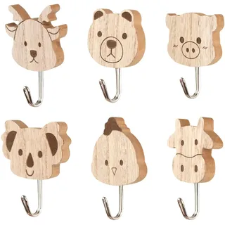 Nujvnuj 6 Stück Niedliche Tier Kleiderhaken Selbstklebende Holz-Wandhaken Perfekte Kinder-Garderobe für Schlafzimmer Badezimmer Kinderzimmer (Süße Cartoon-Tier-Deko Kein Bohren nötig) (Stil 2)