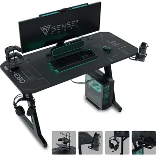 SENSE7 Nomad Cybernetic, Computertisch Gamingtisch, Schreibtisch, kompakte Tischplatte 100 x 50 cm, Getränkehalter, Kopfhörerhalter, Kabelorganisator - Schwarz