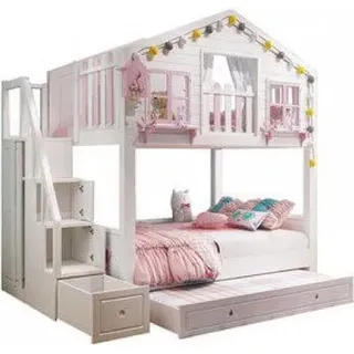 360Home schönes Haus Etagenbett mit Rutsche, Stufen und Stauräumen 1350x1900mm Stufen mit Stauraum+Ausziehbett