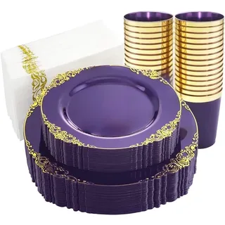 LATERN 100 Stück Mehrweg Lila und Gold Plastikgeschirr, 25 x 26CM Speiseteller, 25 x 19CM Salatteller, 25 x 300ml Tassen, 25 x 42CM Servietten für 25 Gäste Hochzeit Jubiläum Garten Party