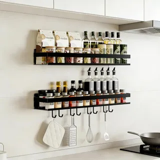 Topnewhome 2er Set Wandregal 40cm mit 6 Haken,ohne Bohren,Schwarz | Modernes Hängeregal zur Aufbewahrung in Küche, Bad und Balkon. Einfache Befestigung ohne Bohren für Gewürze und Zubehör
