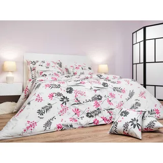 Leinen Baumwolle Agatha rosa auf weiß 140x200, 70x90 cm - Rosa, Weiß