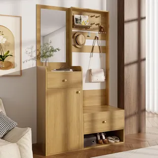 okwish Moderne Kompaktgarderobe Eingangsregal mit verstellbaren Haken und geräumigen Regalen,Flurschrank/Fluraufbewahrung mit Schuhwechselsitz,Holz - Braun